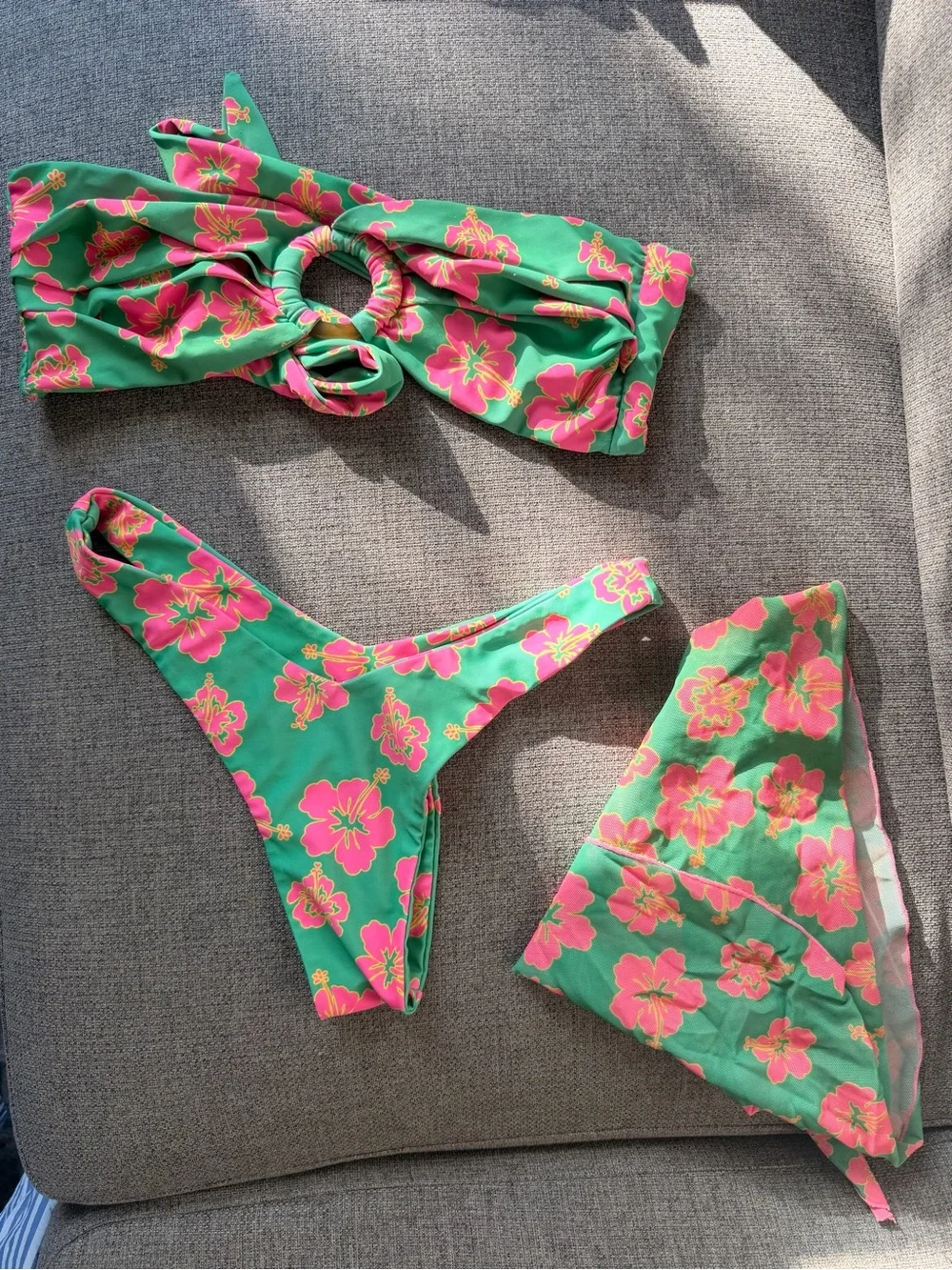 Girls Green Floral Bikini Set with Pink Flowers - Kids Swim